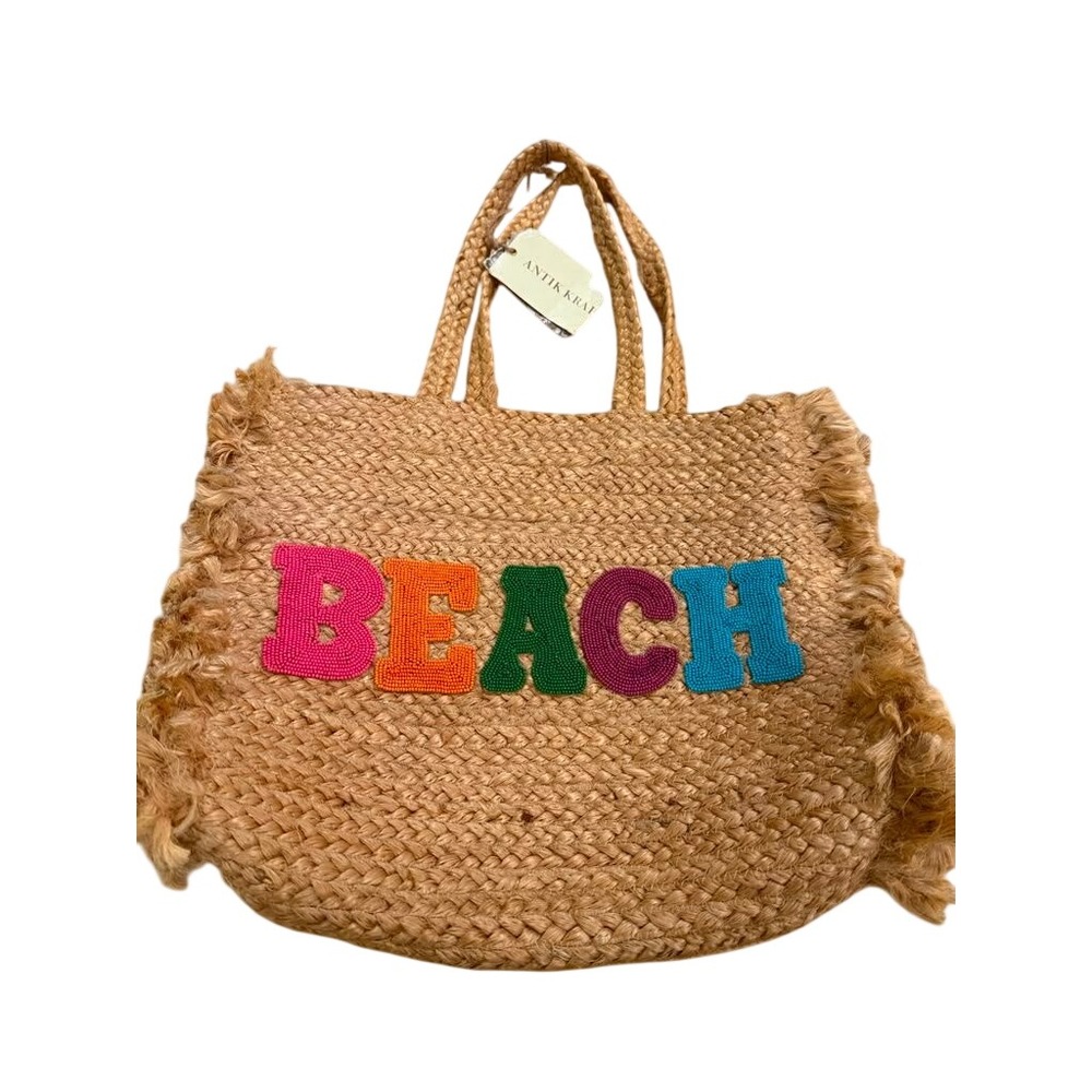 Antik Kraft Jute Straw Beach Tote Bag Beaded Fringe Large Vacation Summer NWT